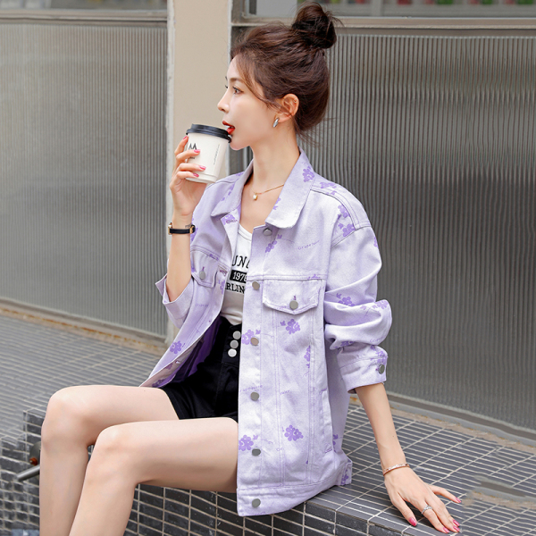 RM22732#紫色葡萄印花牛仔外套女秋装彩绘设计感小众小个子牛仔衣夹克