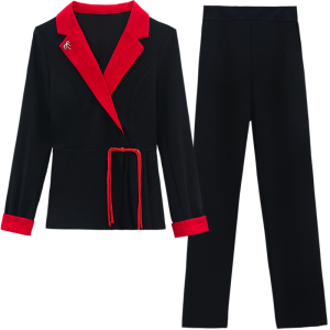 RM22484#网红新款时尚显瘦洋气修身女神范气质拼接西服领两件套装