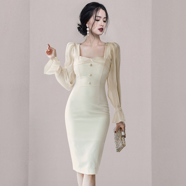 RM22212#新款韩版时尚方领拼接束口喇叭袖修身显瘦中长款包臀连衣裙