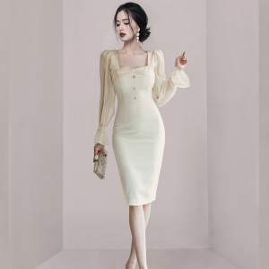 RM22212#新款韩版时尚方领拼接束口喇叭袖修身显瘦中长款包臀连衣裙