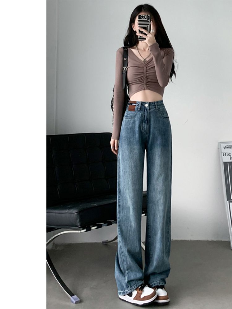 Retro wide-leg jeans for women, high-waisted and drapey, autumn and winter new models for small people, slim and versatile straight-leg floor mopping pants