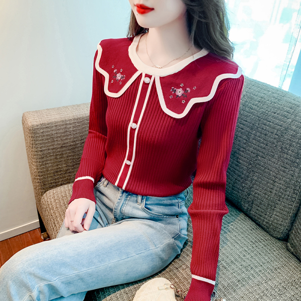 RM24259#新款小香风长袖针织毛衣女设计感电脑绣花娃娃领气质上衣