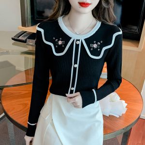 RM24259#新款小香风长袖针织毛衣女设计感电脑绣花娃娃领气质上衣