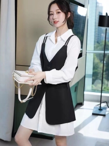 TR52636# 秋装新款大码设计感马甲显瘦气质衬衫吊带连衣裙两件套装