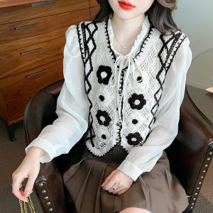 RM22103#韩版休闲长袖套装女2023秋季新款雪纺衫+勾花镂空针织马甲两件套