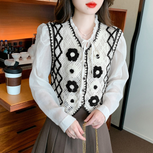 RM22103#韩版休闲长袖套装女2023秋季新款雪纺衫+勾花镂空针织马甲两件套