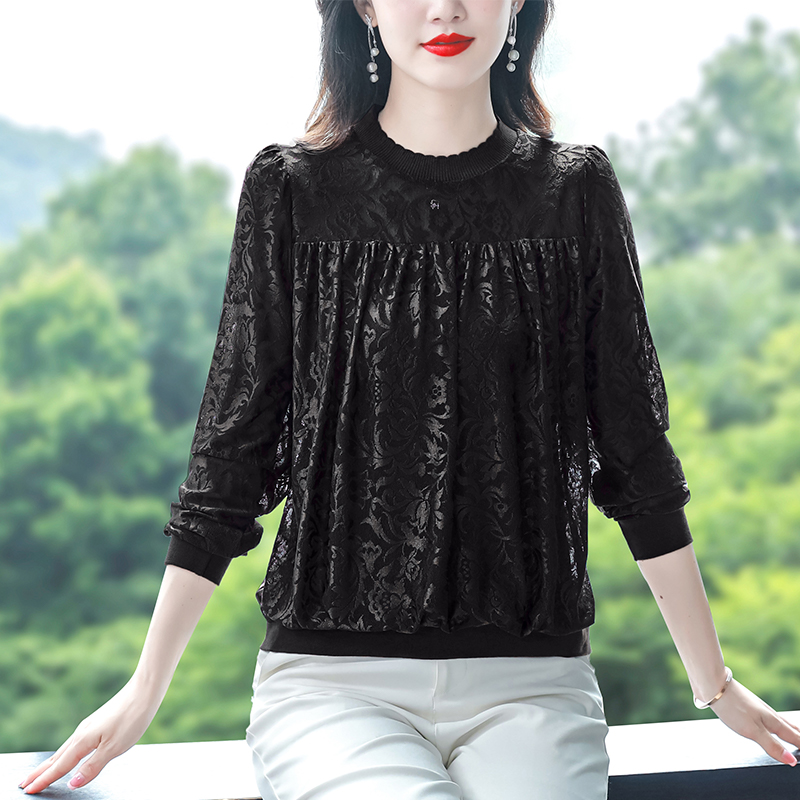 2025秋冬新款大碼女裝打底衫圓領長袖蕾絲上衣寬松遮肚子長袖小衫