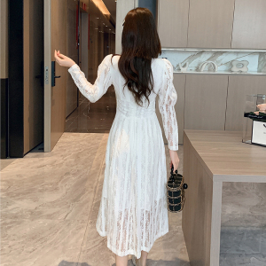 RM22840#法式白色连衣裙秋装女2023年新款泡泡袖V领气质蕾丝长裙子