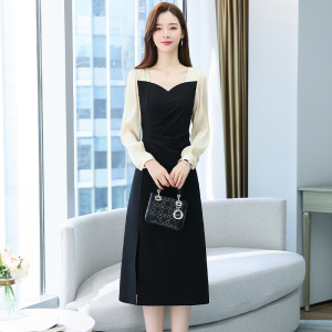 RM22606#大码方领连衣裙女秋季2023新款微胖mm显瘦长袖复古拼接中长裙