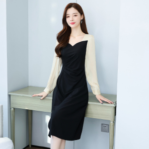 RM22606#大码方领连衣裙女秋季2023新款微胖mm显瘦长袖复古拼接中长裙