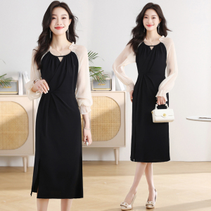 RM22594#法式网纱拼接连衣裙女春秋气质黑色修身高级感设计感小众