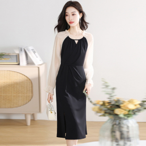 RM22594#法式网纱拼接连衣裙女春秋气质黑色修身高级感设计感小众