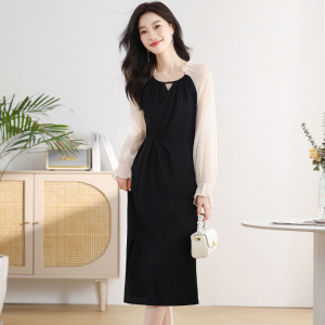 RM22594#法式网纱拼接连衣裙女春秋气质黑色修身高级感设计感小众