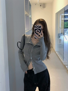 RM22248#灰色内搭打底衫女秋季小众设计感新款韩版衬衫气质别致长袖上衣潮