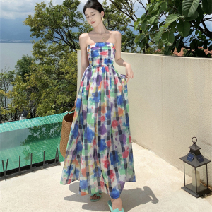 RM24885#涂鸦抹胸连衣裙女2023年夏季新款法式高腰显瘦长裙子
