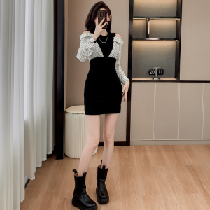 TR55933# 秋季新款连衣裙时尚性感拼接露肩设计假两件包臀裙