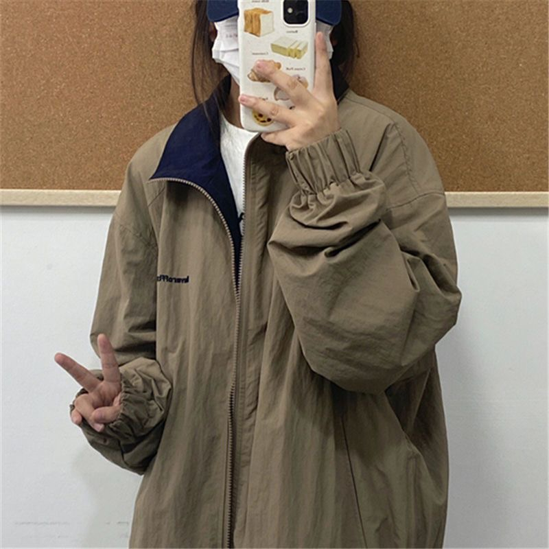 2023 autumn new student casual windbreaker jacket thin section tooling jacket female loose stand-up collar BF long-sleeved jacket