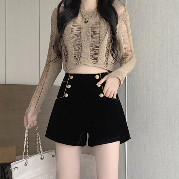 RM24364#韩版大码减龄时尚高腰金丝绒短裤女胖妹妹双排扣显瘦靴裤
