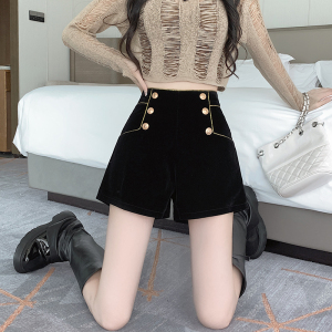 RM24364#韩版大码减龄时尚高腰金丝绒短裤女胖妹妹双排扣显瘦靴裤