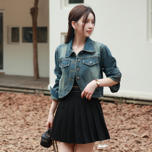 RM24309#韩版设计感小众长袖夹克上衣女秋季新款正肩小个子短款软牛仔外套
