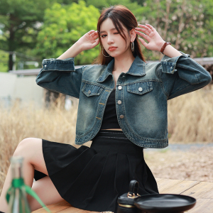 RM24309#韩版设计感小众长袖夹克上衣女秋季新款正肩小个子短款软牛仔外套
