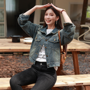 RM24310#韩版浅蓝色设计感牛仔短外套女秋季新款长袖复古夹克小个子上衣