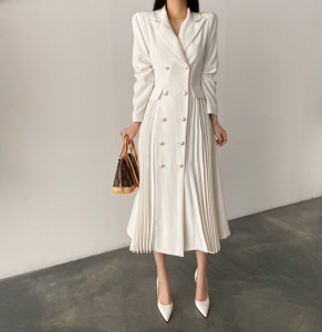 TR51365# 法式复古气质百褶双排扣西装领外套连衣裙 服装批发女装批发服饰货源