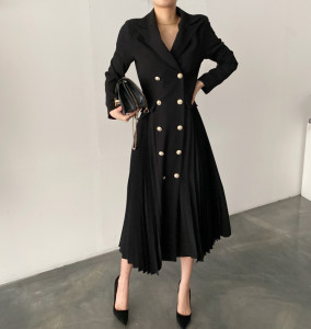 TR51365# 法式复古气质百褶双排扣西装领外套连衣裙 服装批发女装批发服饰货源
