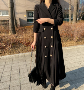 TR51365# 法式复古气质百褶双排扣西装领外套连衣裙 服装批发女装批发服饰货源
