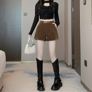 RM24363#韩版雪尼尔短裤女宽松阔腿a字外穿黑色休闲灯芯绒靴裤