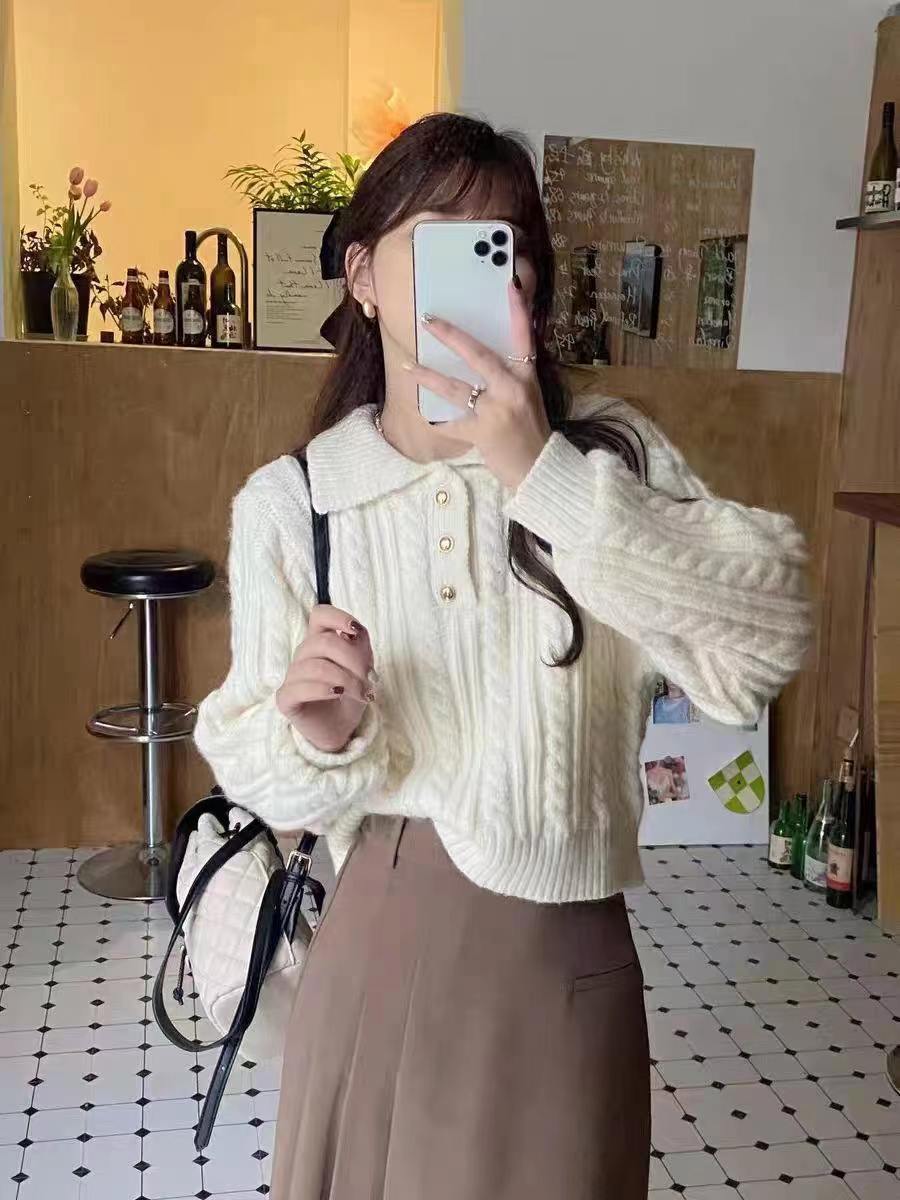  new autumn and winter loose outer wear lazy style pullover polo collar long-sleeved sweater button sweater