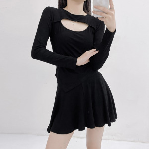 TR49559# 新款韩版时尚镂空不规则长袖T恤女高腰大摆半身裙两件套 服装批发女装批发