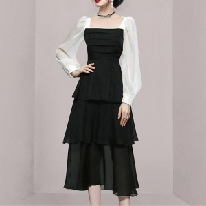 RM22207#新款韩版方领气质甜美减龄撞色拼接修身显瘦时尚蛋糕裙