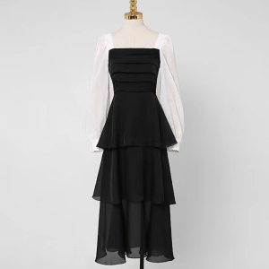 RM22207#新款韩版方领气质甜美减龄撞色拼接修身显瘦时尚蛋糕裙
