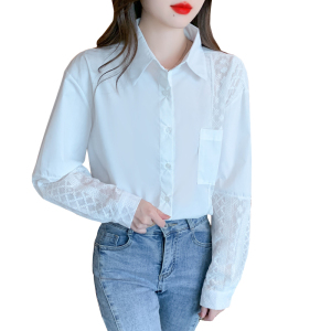 RM23001#蕾丝拼接白色衬衫秋冬新款小众设计感宽松雪纺长袖镂空上衣
