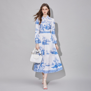 RM23803#新款法式复古风印花长袖连衣裙