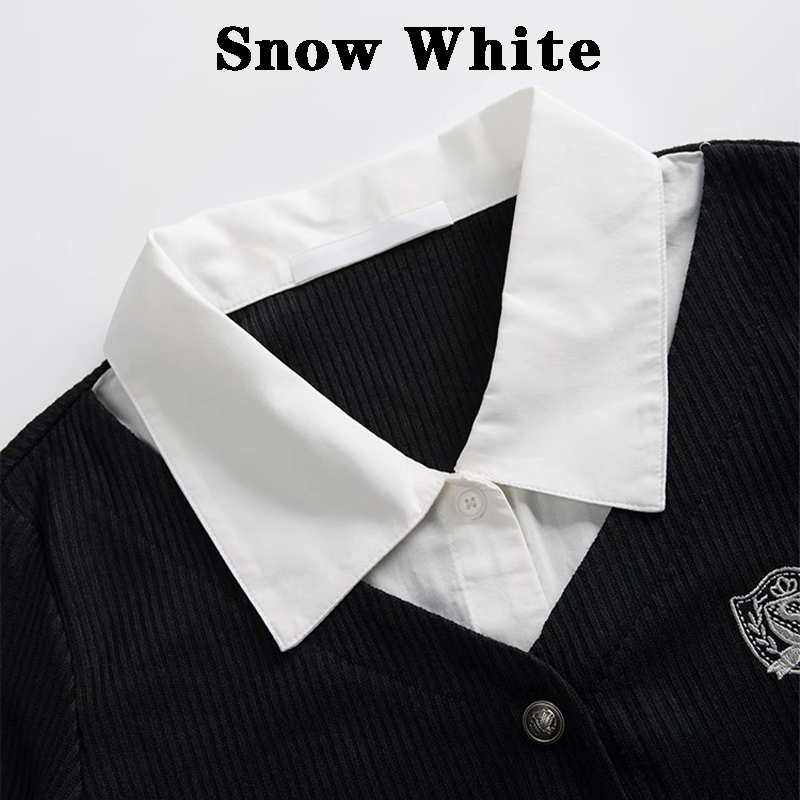 Snow White solid color polo collar right shoulder long sleeve t-shirt women's spring and autumn college style fake two-piece short top
