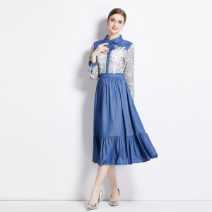 RM25361#新款收腰系带蓝色格子裙拼接牛仔连衣裙