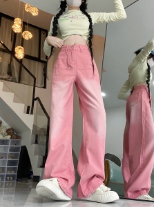 RM22235#美式vibe风粉色牛仔裤复古直筒拖地垂感宽松阔腿裤子潮