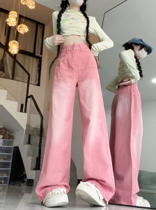 RM22235#美式vibe风粉色牛仔裤复古直筒拖地垂感宽松阔腿裤子潮