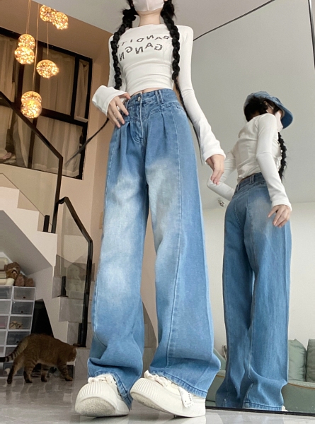 RM22234#做旧复古直筒牛仔裤设计感简约高腰显瘦垂感阔腿拖地裤