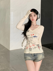 TR50932# 韩版修身V领印花后露背设计休闲百搭长袖T恤 服装批发女装批发服饰货源
