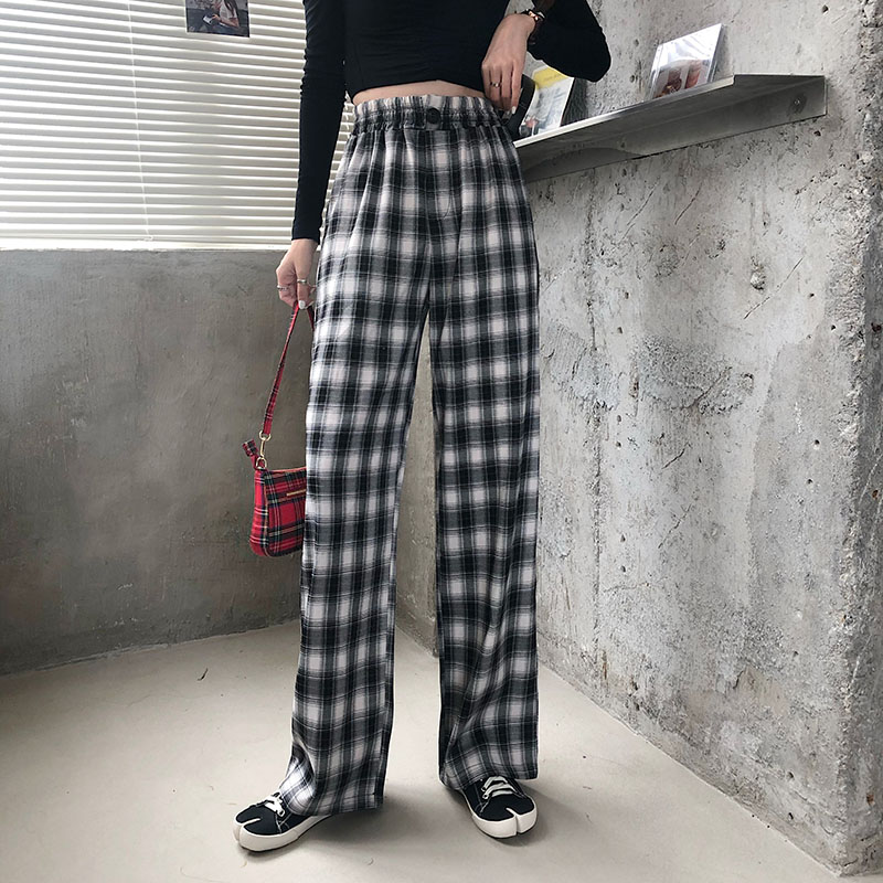 Actual shot~Korean style high-waist slimming elastic-waist plaid wide-leg pants floor-length pants versatile trousers