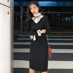 TR52007# 新款长袖套头冬季韩版衬衣领修身针织连衣裙 服装批发女装批发服饰货源