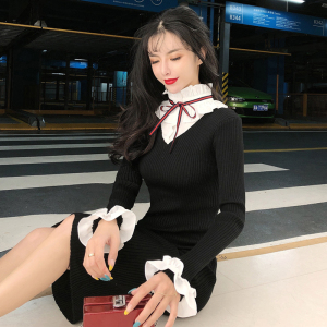 TR52007# 新款长袖套头冬季韩版衬衣领修身针织连衣裙 服装批发女装批发服饰货源