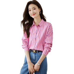 RM24292#高端时尚条纹粉红色长袖衬衫落肩袖休闲宽松上衣