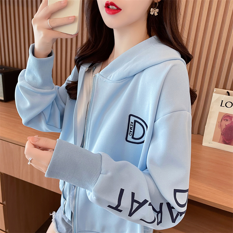 Real shot 2024 spring Korean style loose 315g Chinese cotton composite hooded embroidered zipper cardigan thin jacket for women