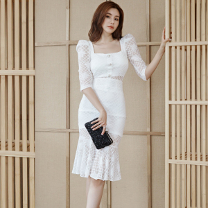 RM22206#新款韩版时尚方领气质修身七分袖性感荷叶边蕾丝包臀裙