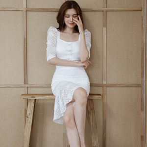 RM22206#新款韩版时尚方领气质修身七分袖性感荷叶边蕾丝包臀裙