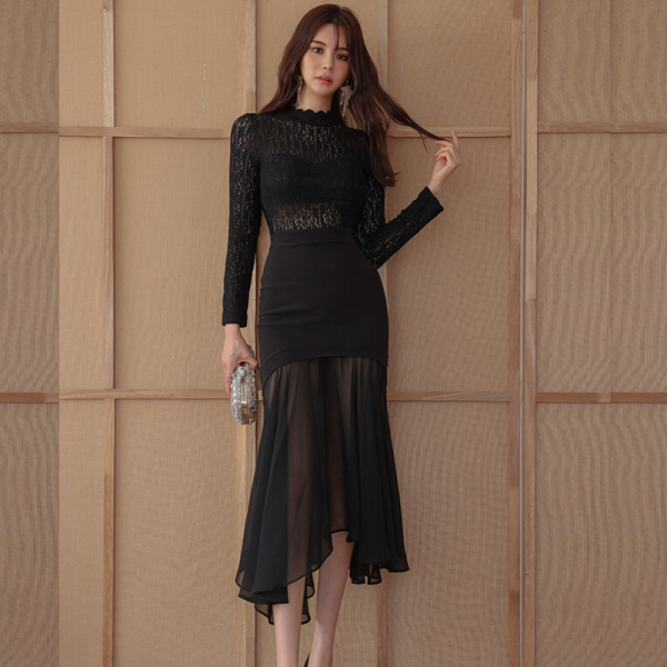 RM22205#新款韩版时尚气质名媛修身显瘦中长款鱼尾摆包臀连衣裙